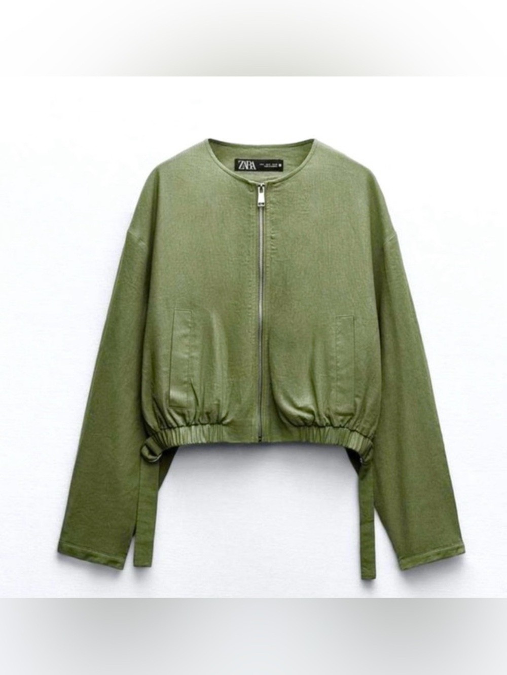 New ZARA Cropped Linen Blend Olive Bomber Jacket